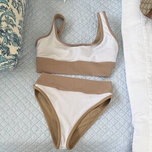 LainSnow Tan Ribbed-Trim Bikini Top with Ivory Logo
